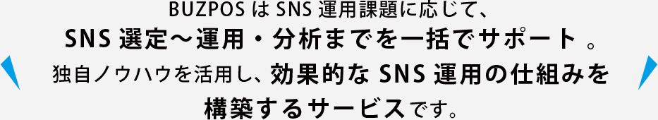 BUZPOSはSNS運用課題に応じて、SNS選定〜運用・分析までを一括でサポート。独自ノウハウを活用し、効果的なSNS運用の仕組みを構築するサービスです。